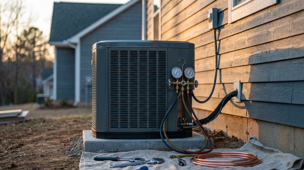 New central AC condenser with refrigerant gauge manifold connected