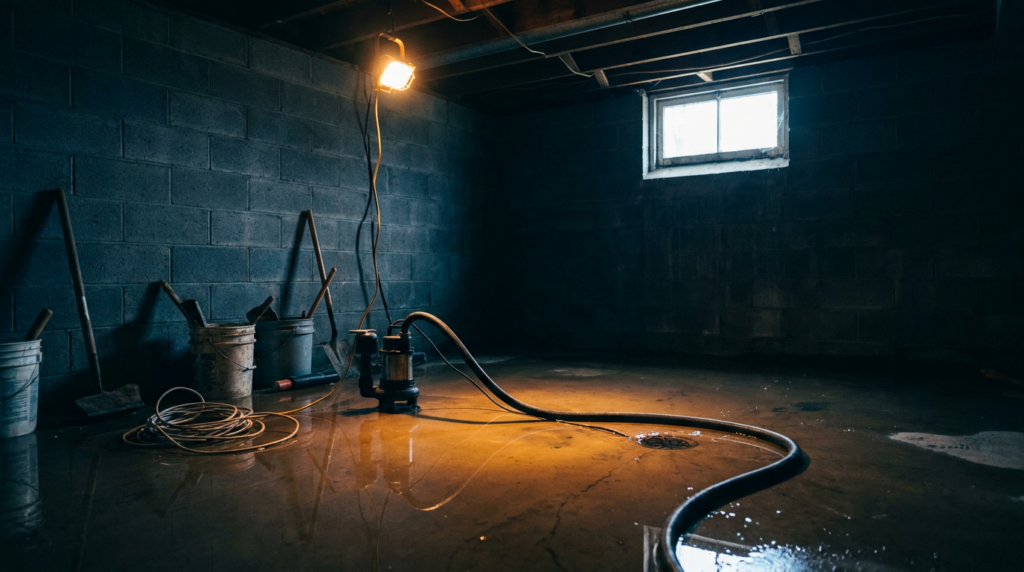 Submersible pump removing standing water from a flooded basement