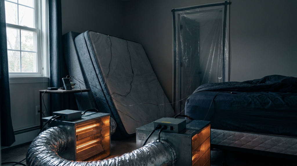 Bed bug heat treatment equipment raising the temperature of a bedroom