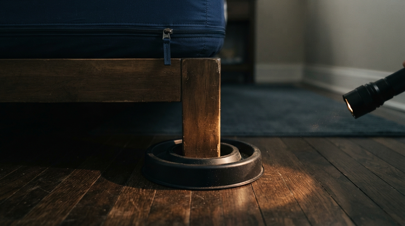 Bed bug interceptor cup installed under a bed leg