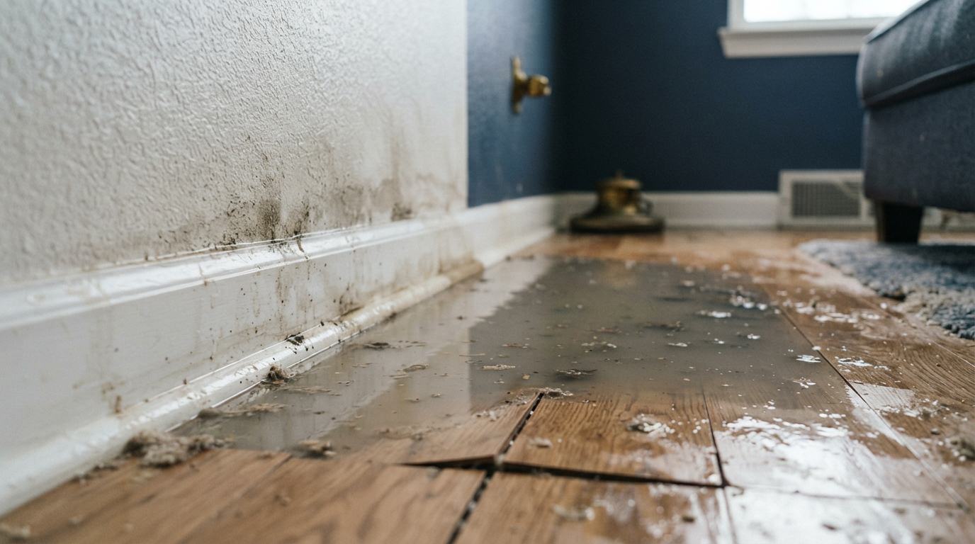 Gray Category 2 water pooling on laminate flooring against the baseboard