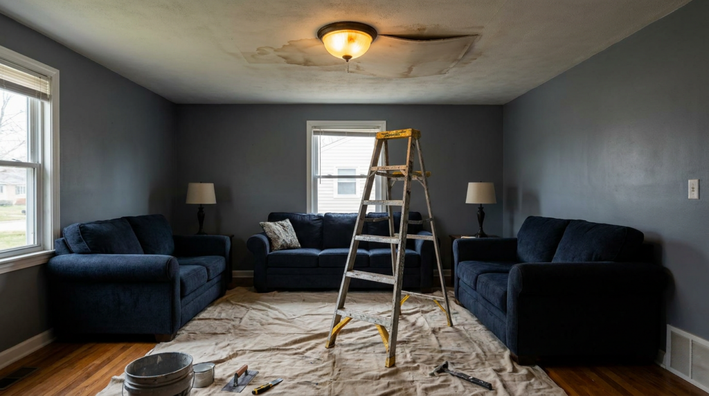 Water-stained sagging ceiling around a light fixture before repair