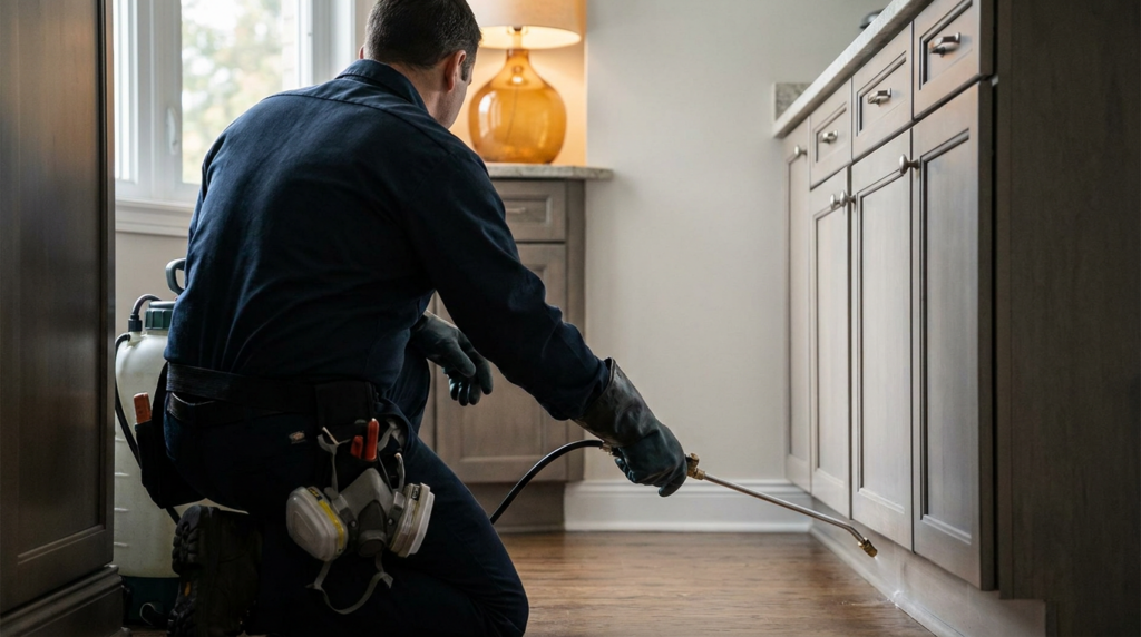 Pest control technician treating baseboards inside a home