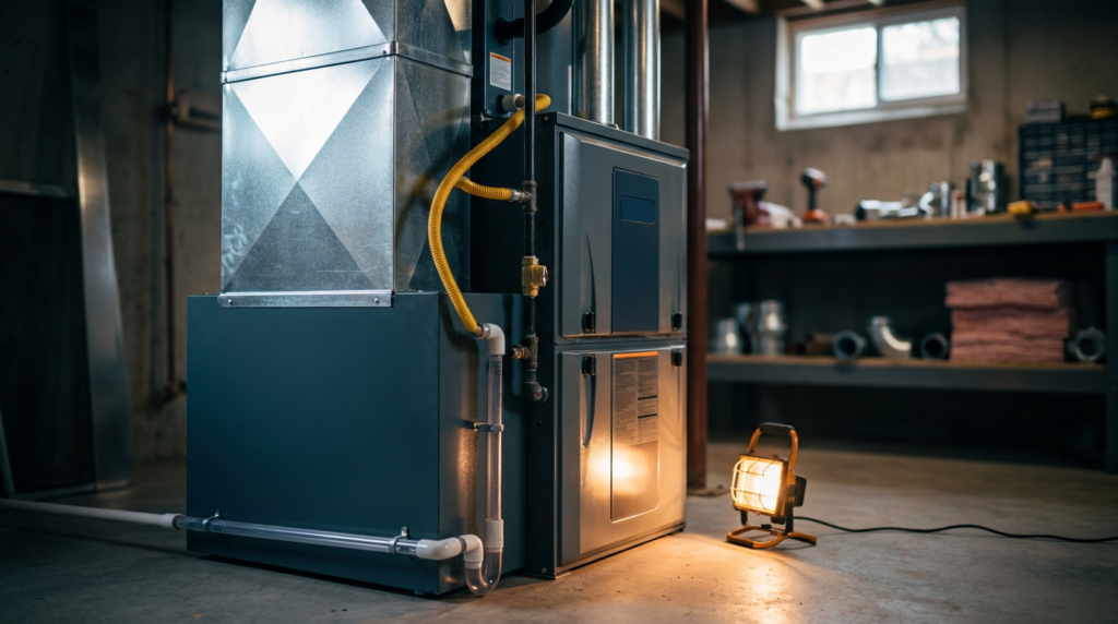 New high-efficiency gas furnace installed in a basement mechanical room