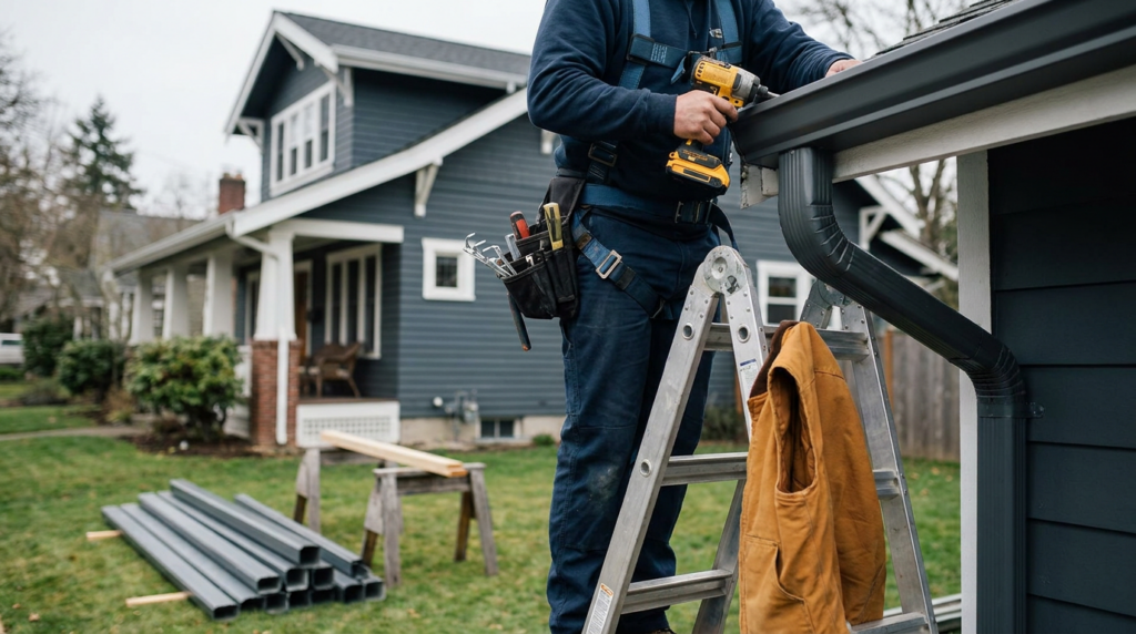 Installer fastening a new seamless aluminum gutter to the fascia