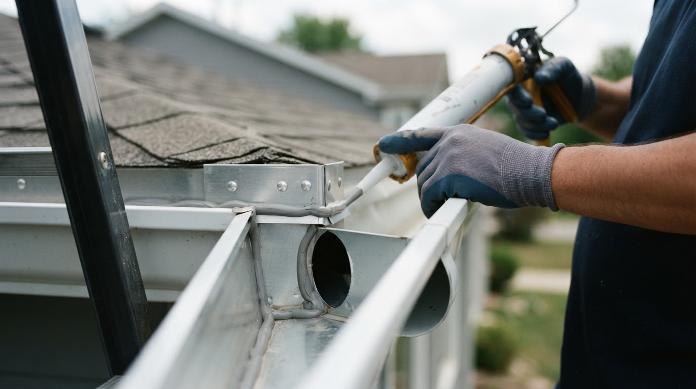 Applying sealant inside a new aluminum gutter seam at the corner joint