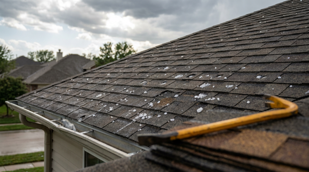 Hail-damaged asphalt shingle roof with hailstones and granule loss before a hail damage roof claim