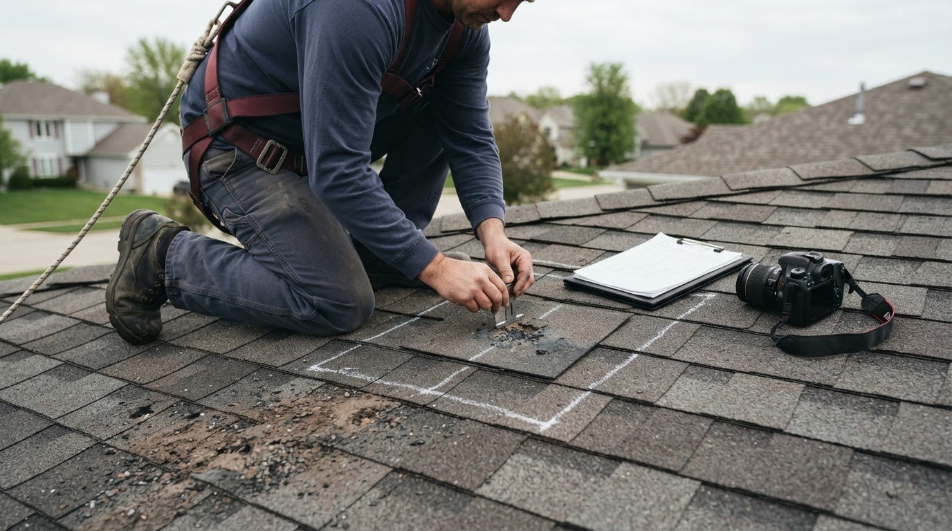 Roof inspector measuring hail impact marks inside a chalked test square to document a hail damage roof claim