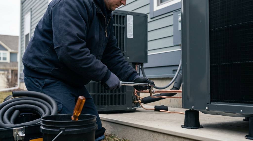 Technician connecting refrigerant lines on a newly installed heat pump