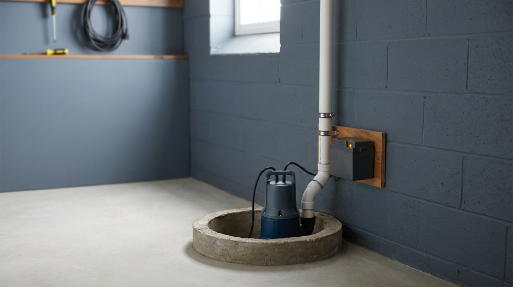 Installed submersible sump pump with battery backup in a residential basement sump pit