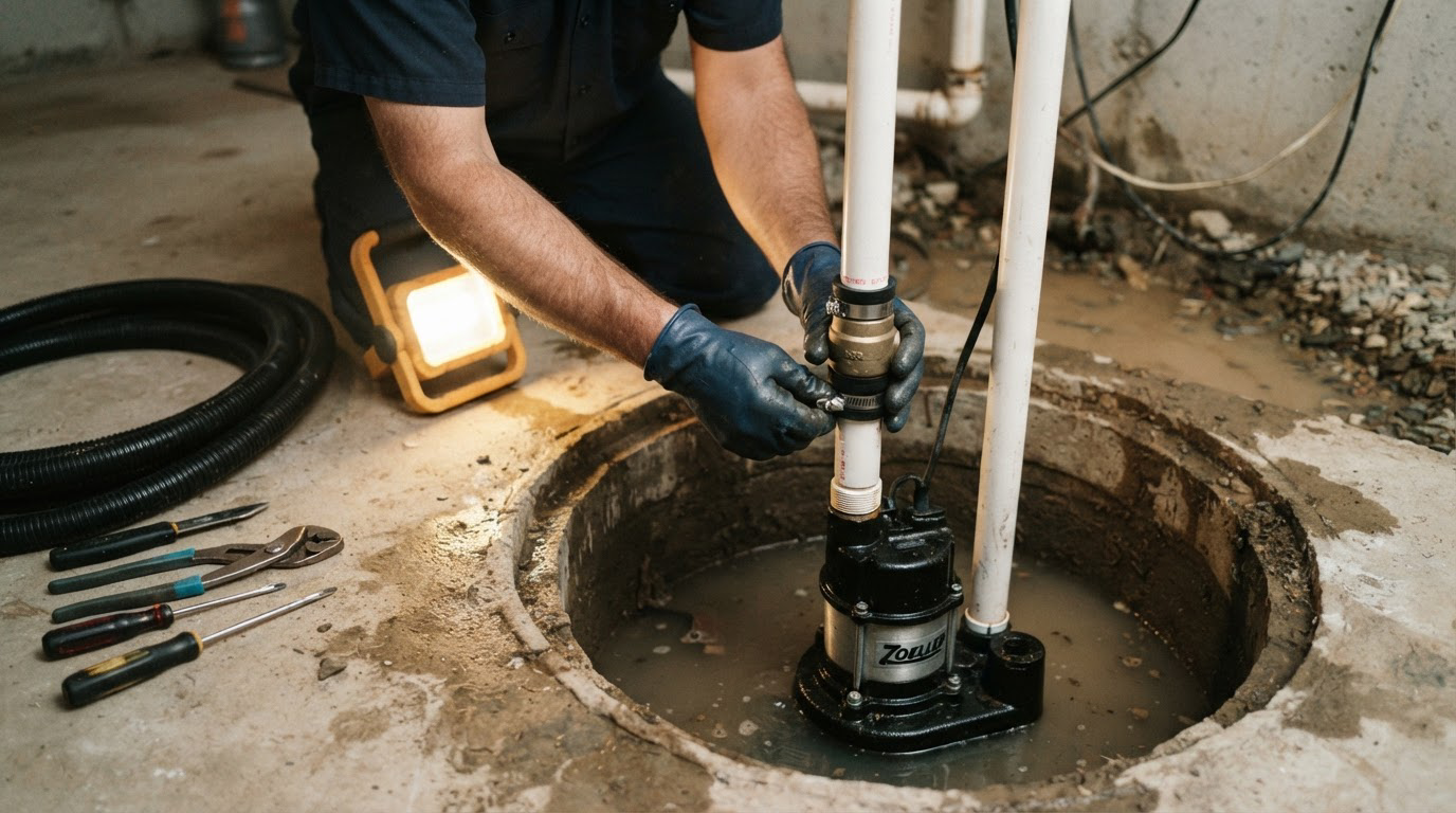 Plumber connecting the discharge pipe and check valve on a new submersible sump pump in a basement pit