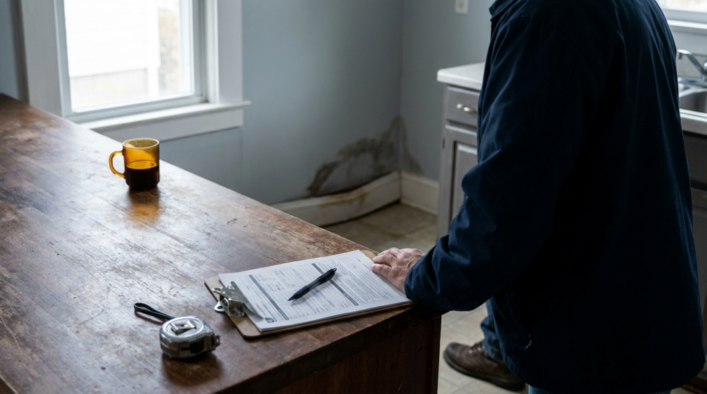 Insurance adjuster inspection of a water-stained wall in a home