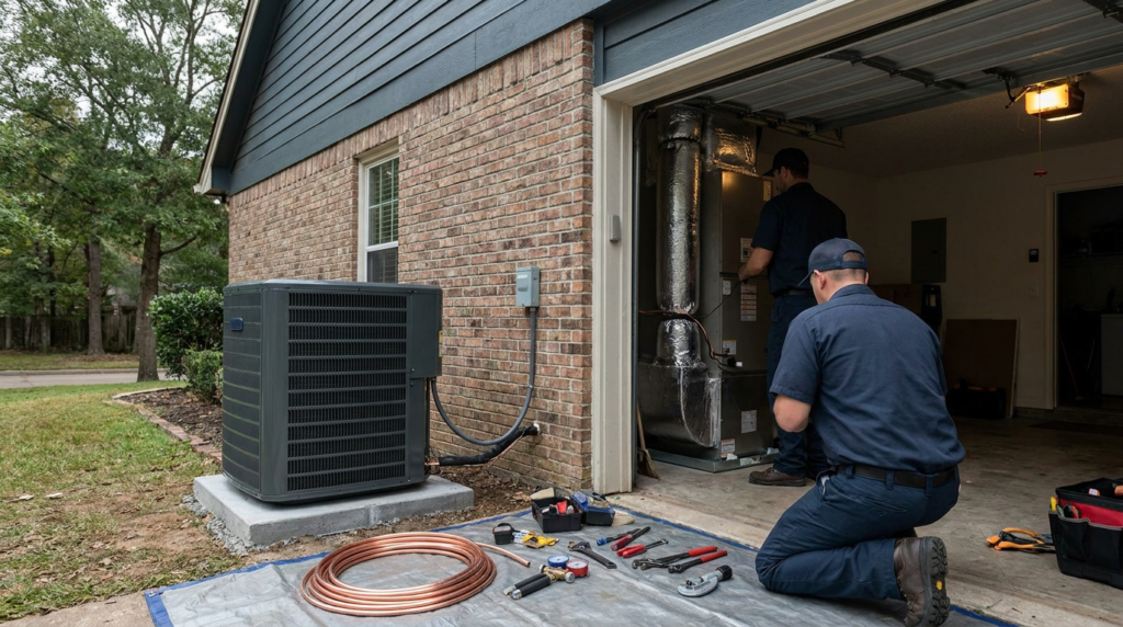 New HVAC condenser and air handler during a full system replacement