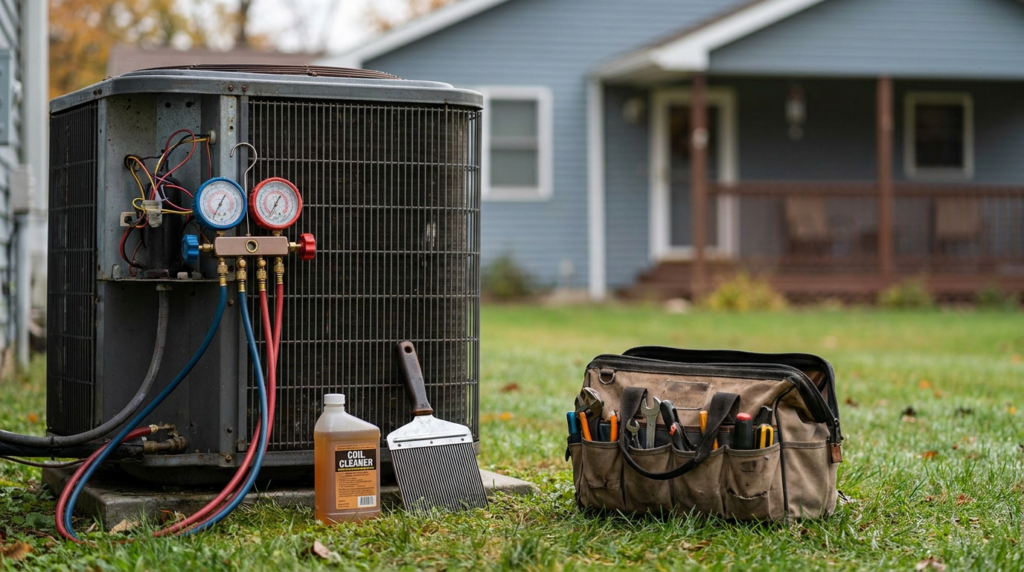 HVAC tune-up with gauge manifold on an open condenser service panel