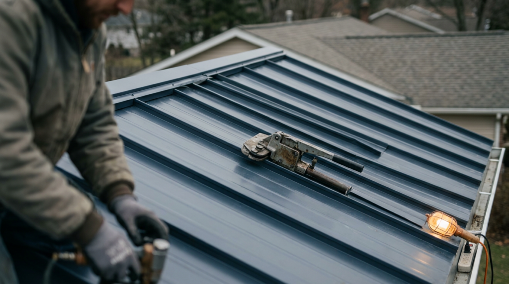 Standing seam metal roof panels during installation with seaming tool