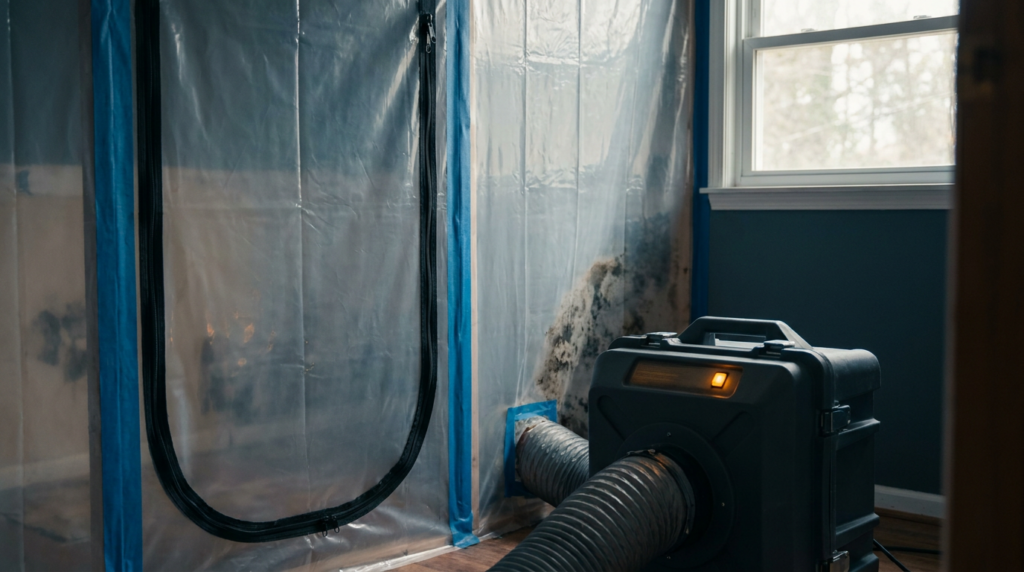 Mold remediation containment with plastic sheeting and HEPA air scrubber