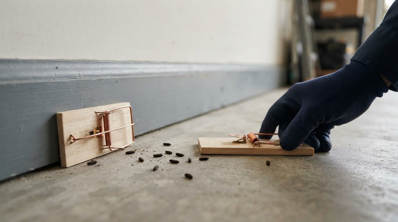 Wooden snap traps set perpendicular to a garage wall during rodent control