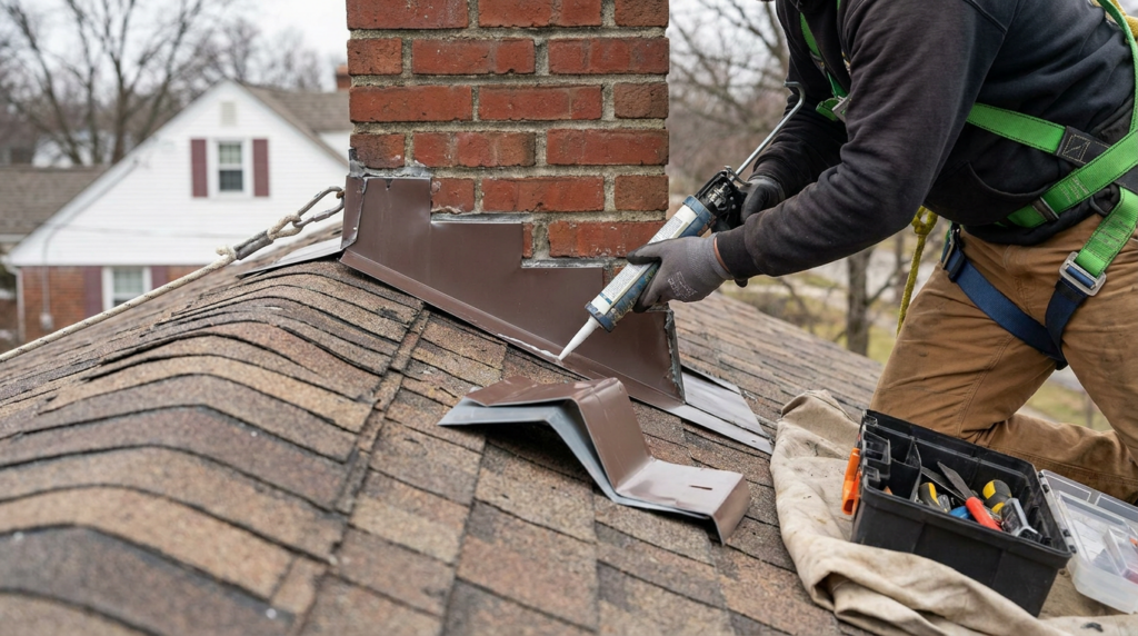 Roofer sealing step flashing around a brick chimney on a shingle roof