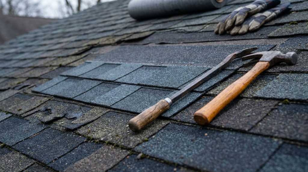 New repaired shingle section contrasting with aged asphalt shingles