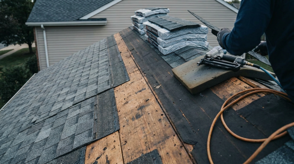 Roof replacement in progress with old shingles torn off exposing decking