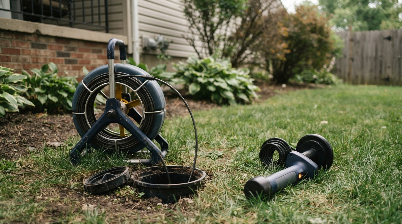 Sewer inspection camera reel beside an open cleanout before inspection