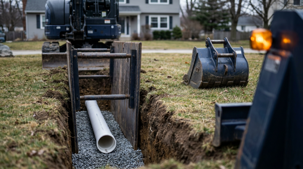 Excavated trench with new PVC sewer line in a residential front yard