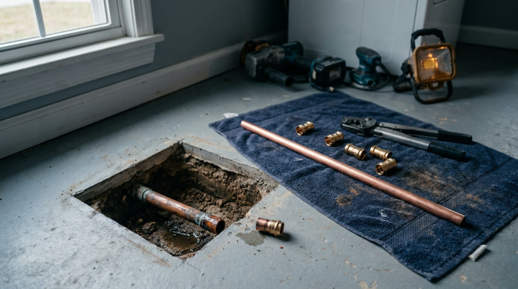 Opened concrete slab exposing a copper water line during slab leak repair