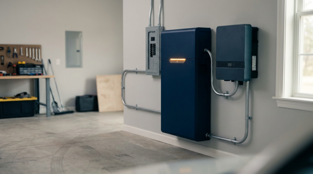 Wall-mounted home battery and solar inverter installed in a garage