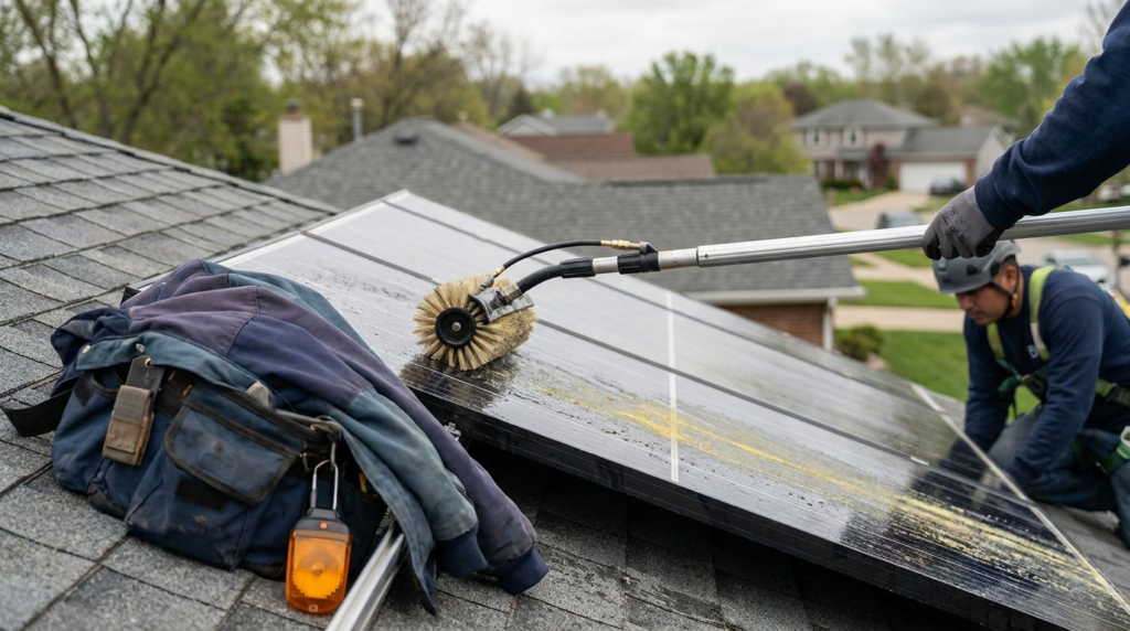 Soft rotating brush cleaning a rooftop solar panel with rinse water