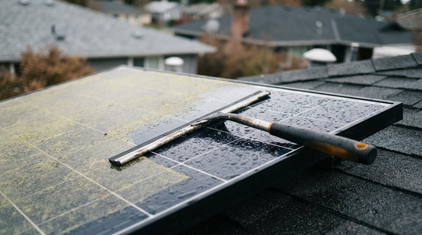 Solar panel half-cleaned showing pollen film against clean glass