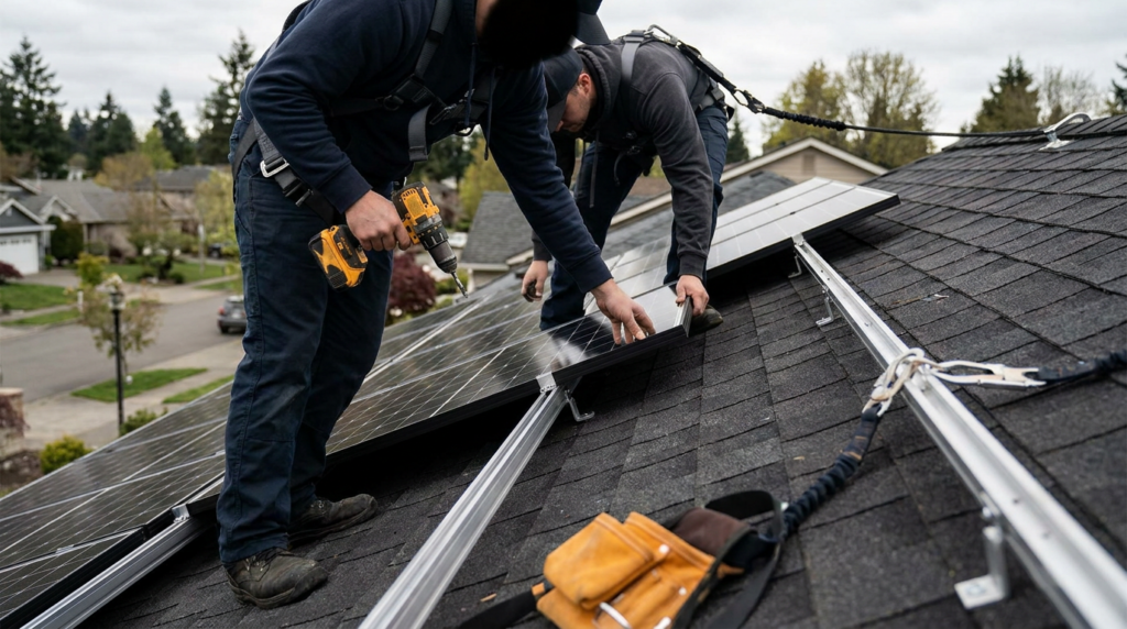 Crew mounting solar panels on an asphalt shingle roof with racking rails