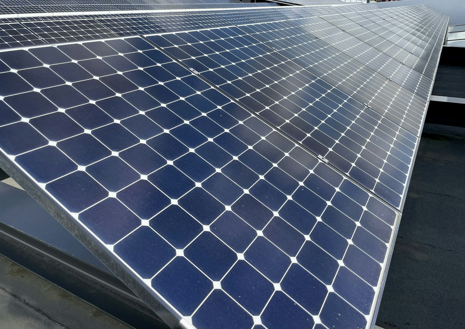 Closeup of solar panel cells on a roof
