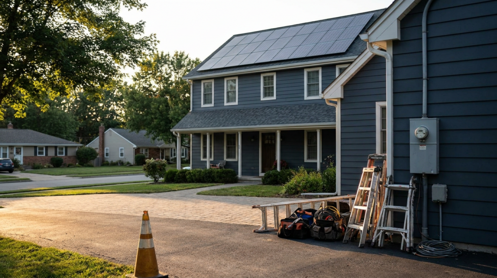 Suburban home with a full rooftop solar panel array in afternoon sun
