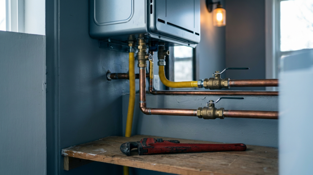 Wall-mounted tankless water heater with copper lines and isolation valves