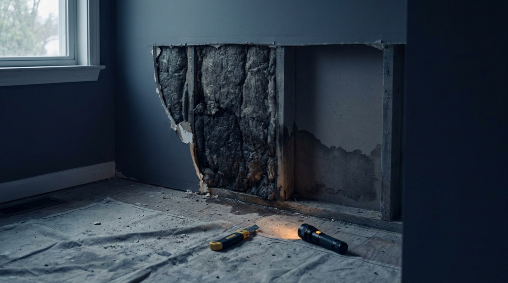 Opened wall showing flood waterline stain and damp insulation