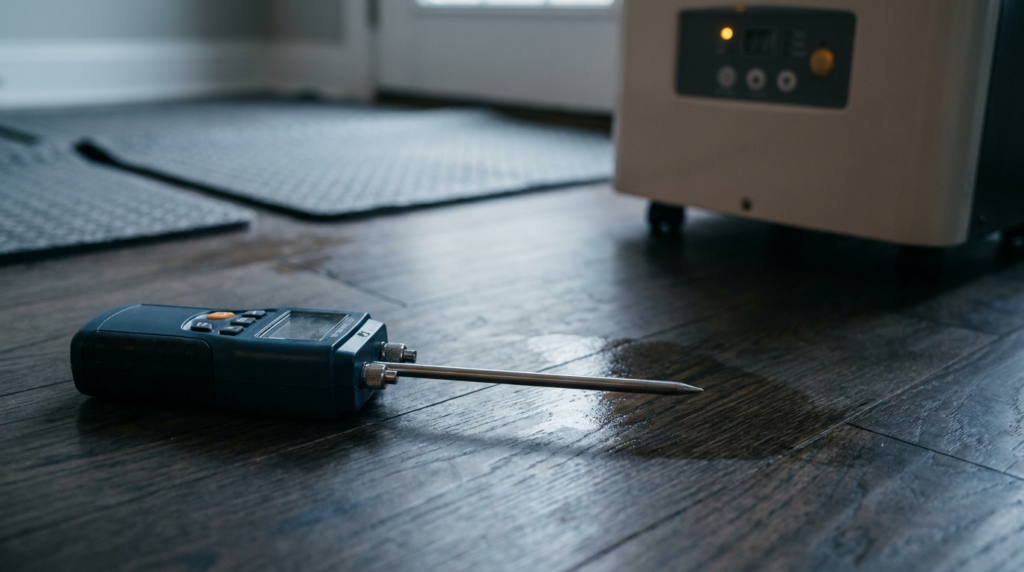 Moisture meter reading on a wet hardwood floor during water damage assessment