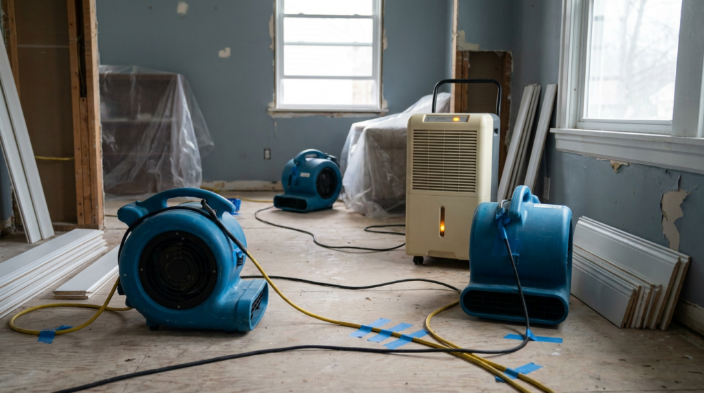 Industrial air movers and dehumidifier drying a room during water damage restoration