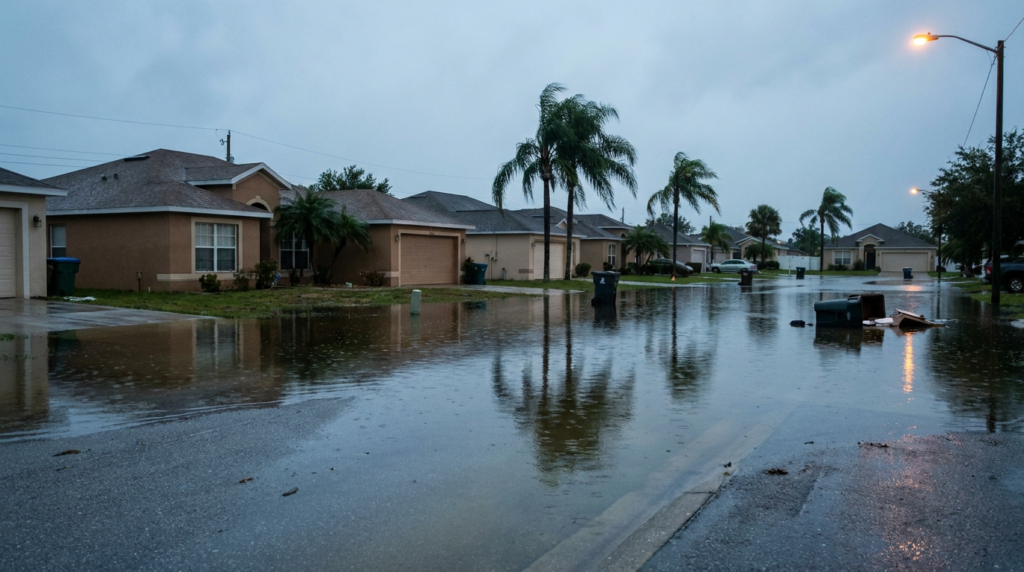 Flooded Florida residential street with stucco homes after a tropical storm