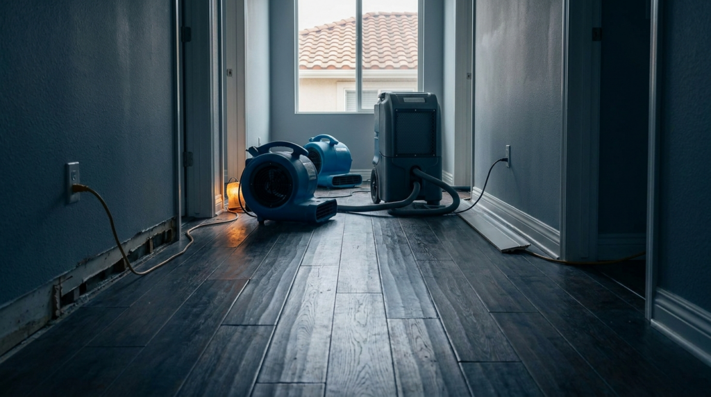 Air movers and a dehumidifier drying water-damaged hardwood flooring in a California home hallway