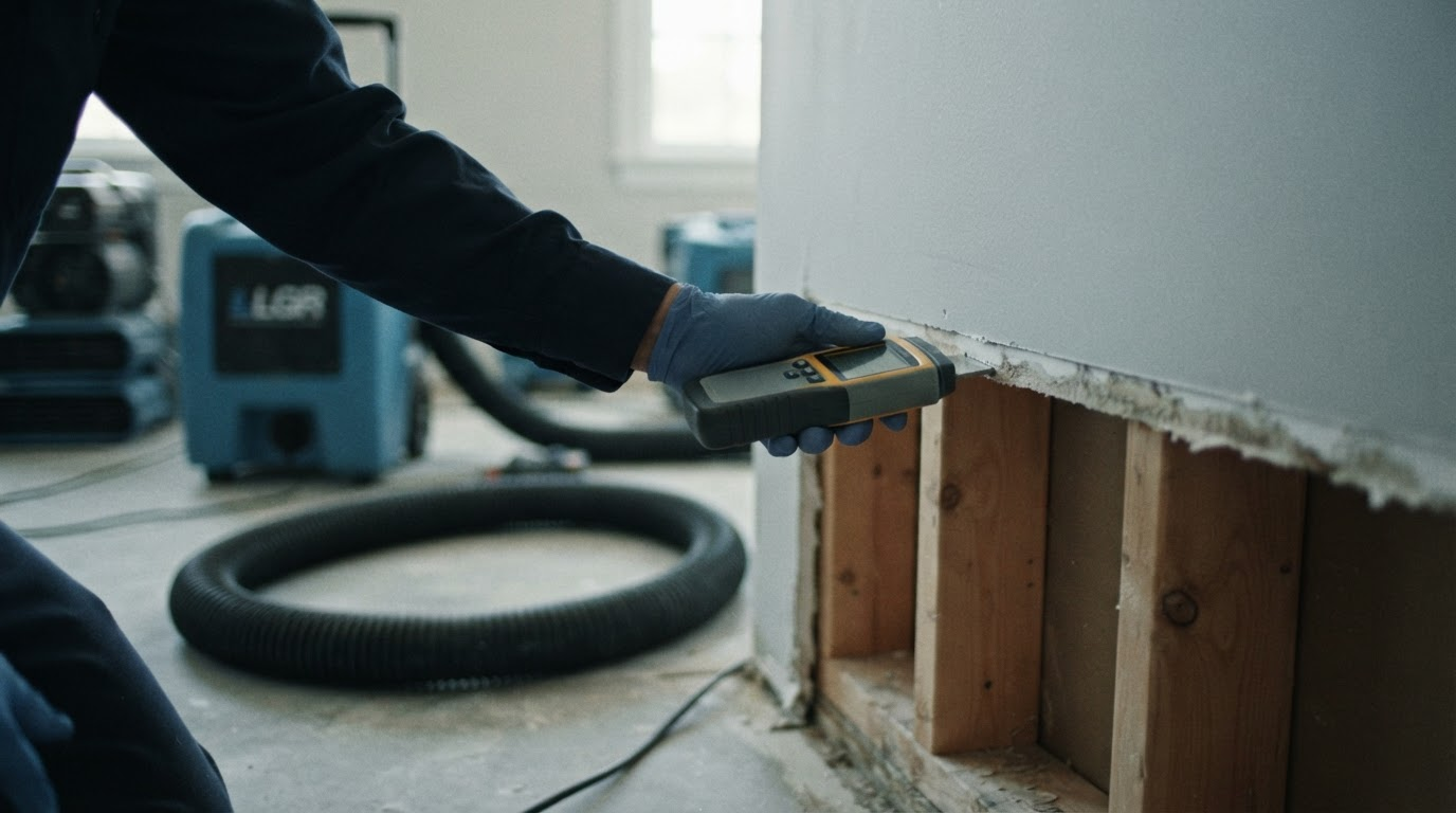 Technician checking a moisture meter on cut drywall above a flood line during water damage restoration in California