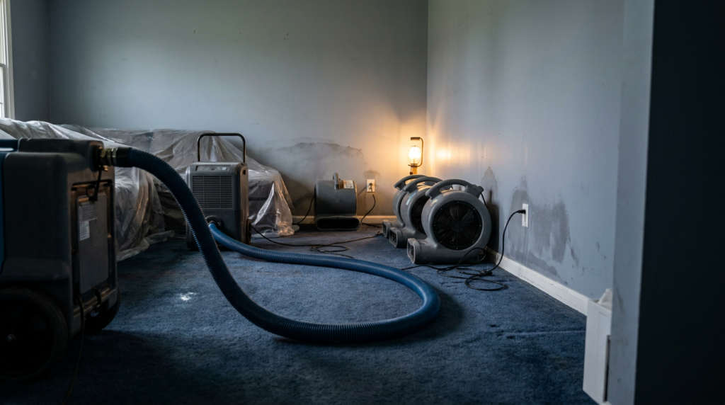 Water damage restoration equipment drying a flooded living room