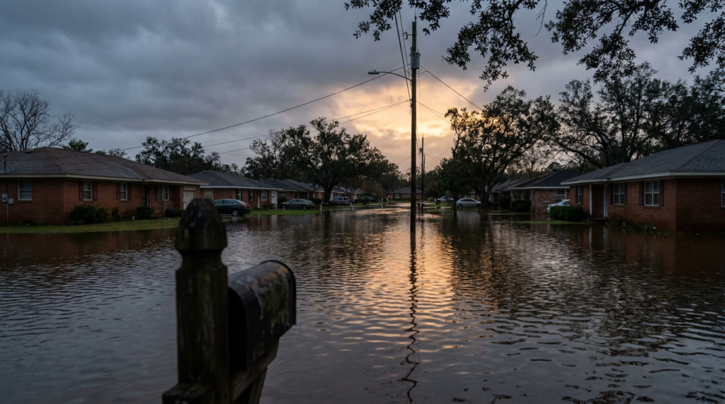 Flooded Texas suburban street with brick ranch houses after a storm