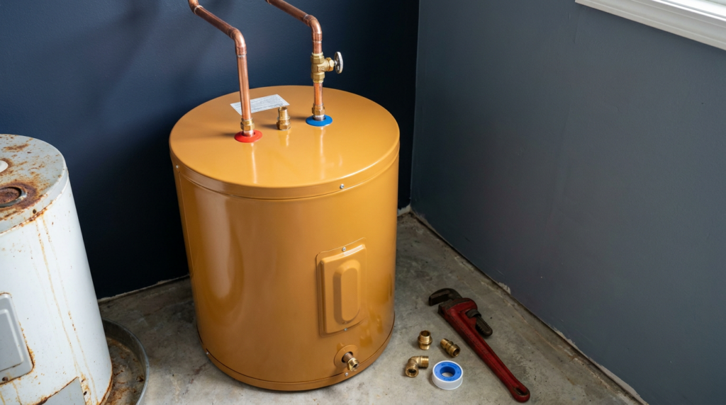 New tank water heater installed with copper supply lines