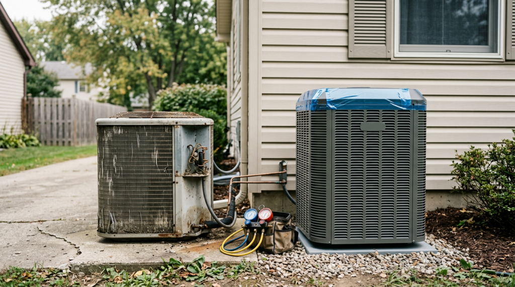 Aging central AC condenser next to a new replacement unit outside a U.S. home
