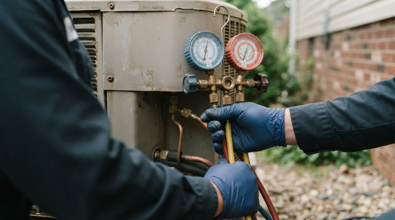 HVAC technician connecting refrigerant gauges to a residential AC condenser during a repair diagnosis