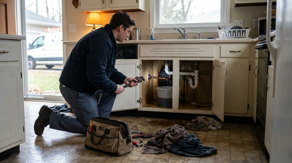 Emergency plumber repairing a burst pipe under a kitchen sink during an after-hours service call