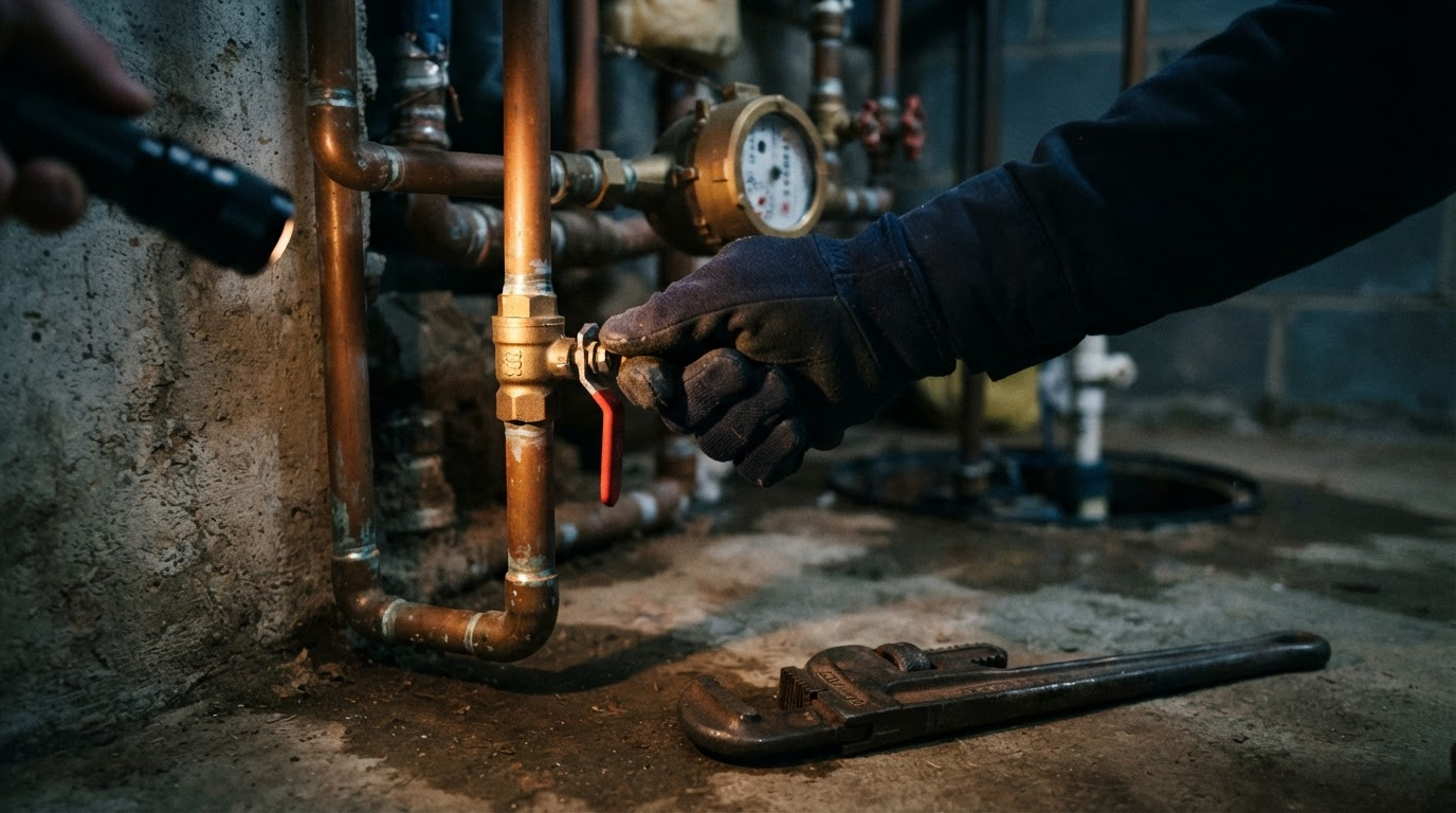 Gloved hand closing the main water shut-off valve during a home plumbing emergency
