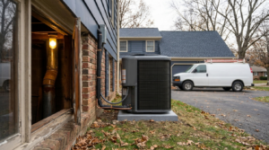 Air-source heat pump condenser installed beside an American home during a furnace-to-heat-pump conversion