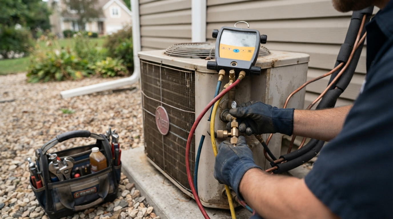 HVAC technician checking refrigerant pressures on a residential heat pump with manifold gauges