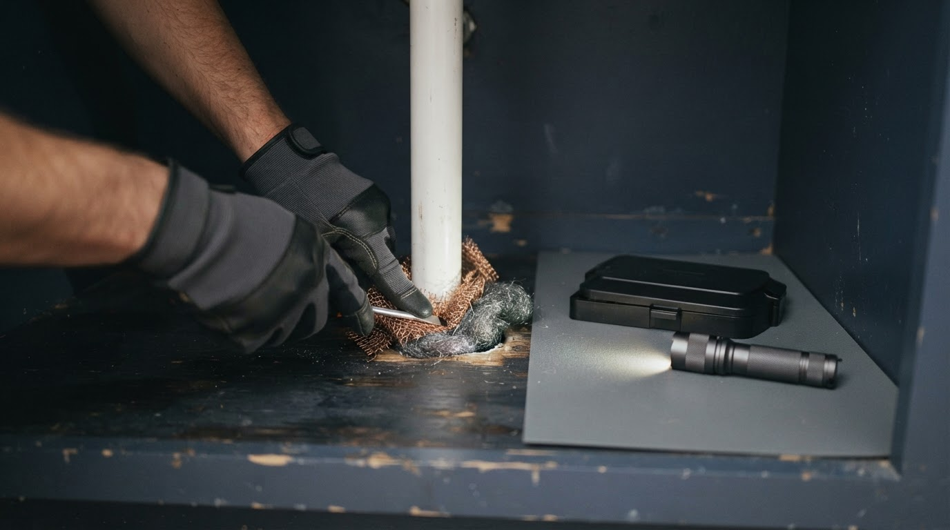 Gloved hand sealing a pipe gap under a sink with copper mesh and steel wool to keep mice out